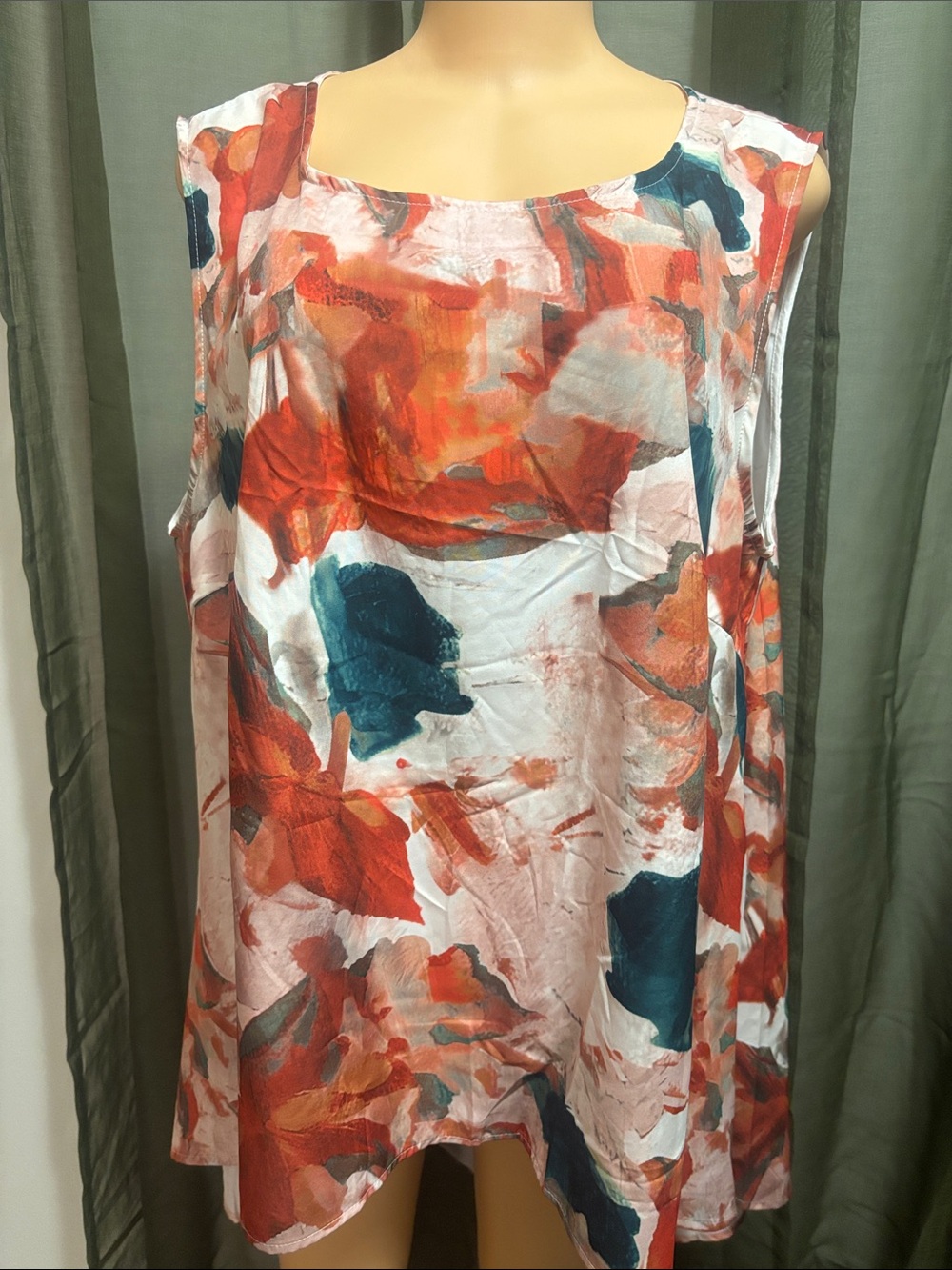 Abstract Floral Sleeveless Blouse in Coral, Teal & White